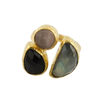 Ring made from brass, goldplated, Labradorite, Onyx, dusty pink Cateye