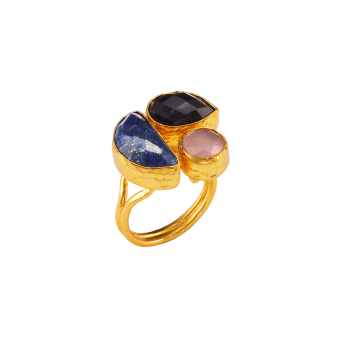 Ring aus Messing vergoldet, Onyx, Lapislazuli, Dusty Pink Katzenauge