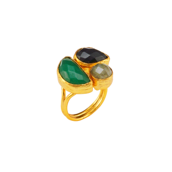 Ring aus Messing vergoldet, Onyx, grüne Jade, Labradorit