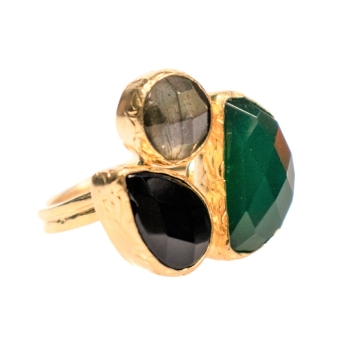 Ring made from brass, goldplated, green Jade, Onyx, Labradorite