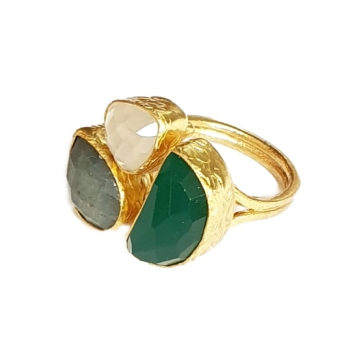 Ring made from brass, goldplated, Labradorite, green Jade, white Chalcedony