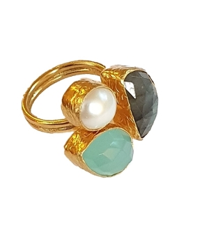 Ring made from brass, goldplated, Labradorite, aqua Chalcedony, pearl