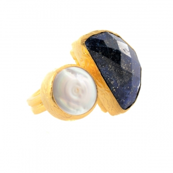 Ring aus Messing vergoldet, Lapislazuli, Perle
