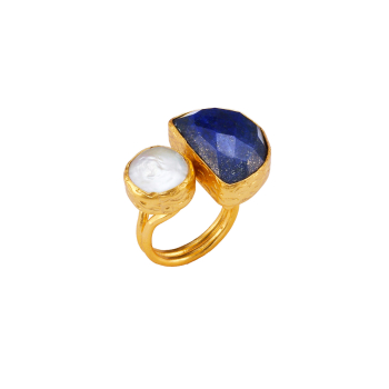Ring made from brass, goldplated, Lapislazuli, pearl