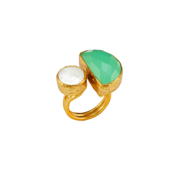 Ring made from brass, goldplated, with aqua Chalcedony and pearl