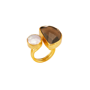 Ring made from brass, goldplated, smoky Quartz, pearl