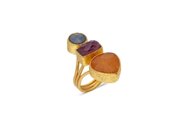 Ring made from brass, goldplated, orange, greyblue Chalcedony, Amethyst