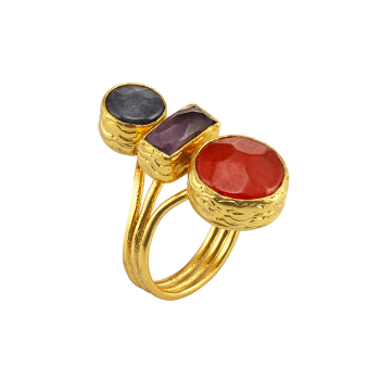 Ring aus Messing, vergoldet, oranger, graublauer Chalcedon, Amethyst