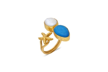 Ring made from brass, goldplated, blue Jade, baroque pearl
