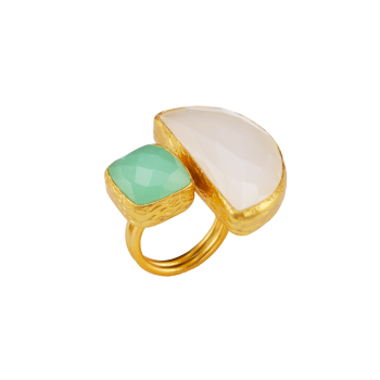 Ring made from brass, goldplated, with one aqua Chalcedony and one white Chalcedony