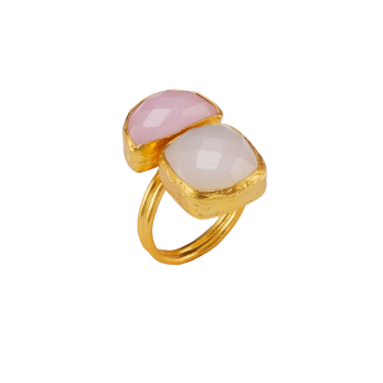 Ring aus Messing vergoldet, mit einem Rosenquarz und einem weißen Chalcedon