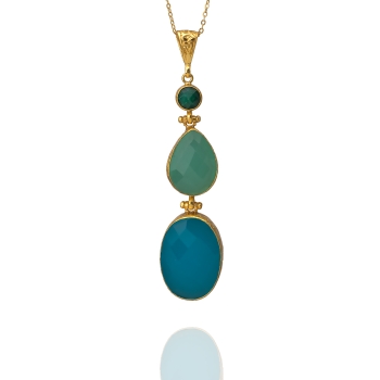 Necklace made from brass, goldplated, Emerald, blue/aqua Chalcedony