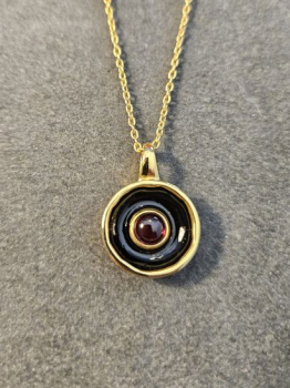 Necklace made from brass, goldplated, enamel, red quarz
