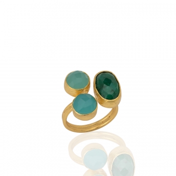 Ring made from brass, goldplated, Emerald, blue/aqua Chalcedony