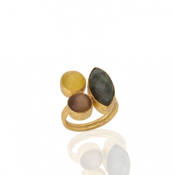 Ring made from brass, goldplated, labradorite, yellow/dustypink cateye