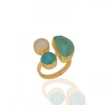 Ring made from brass, goldplated, white/blue/aqua Chalcedony