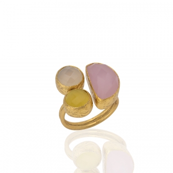 Ring made from brass, goldplated, white/yellow chalcedony, rosequarz