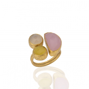 Ring made from brass, goldplated, white/yellow Chalcedony, Rosequartz