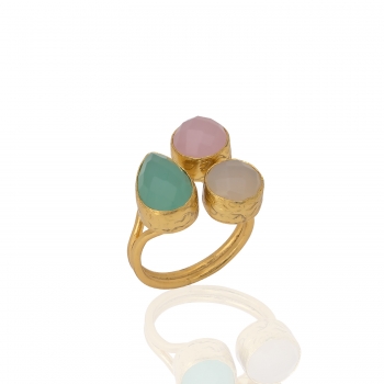 Ring made from brass, goldplated, white/aqua Chalcedony/Rosequartz