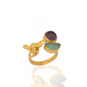 Ring made from brass, goldplated, Amethyst, aqua Chalcedon
