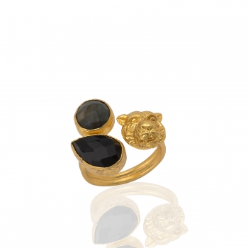 Ring made from brass, goldplated, Labradorite, Onyx
