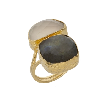 Ring made from brass, goldplated, with Labradorite and white Chalcedony