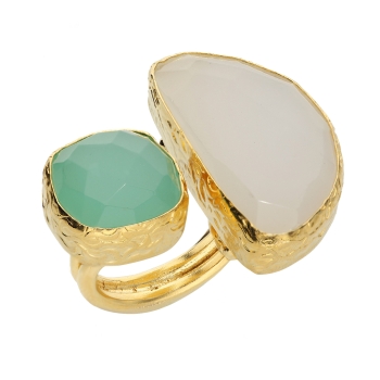 Ring made from brass, goldplated, with one aqua Chalcedony and one white Chalcedony