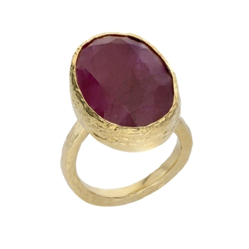 Ring made from brass, goldplated, red Jade