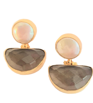 Earring made from brass, goldplated, smoky quartz + baroque pearl (clip)