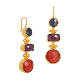 Earring made from brass, goldplated, orange, greyblue Chalcedony, Amethyst