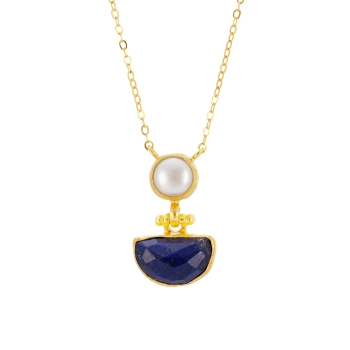 Necklace made from brass, goldplated, Lapislazuli, pearl