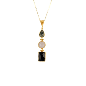 Necklace made from brass, goldplated, Chalcedony, Rutilated Quartz, Onyx