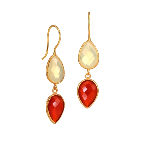 Earring made from brass, goldplated, yellow-white/red stones