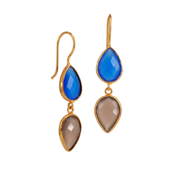 Earring made from brass, goldplated, blue/grey stones
