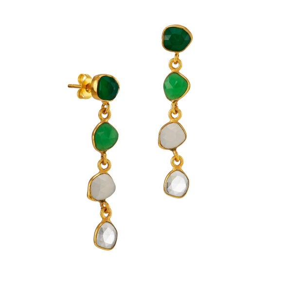 Earring made from brass, goldplated, green/white onyx