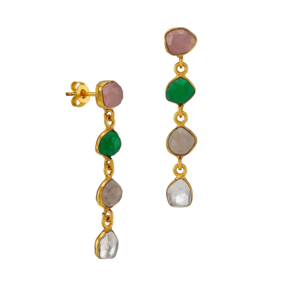 Earring made from brass, goldplated, pink/aqua/gray/white onyx