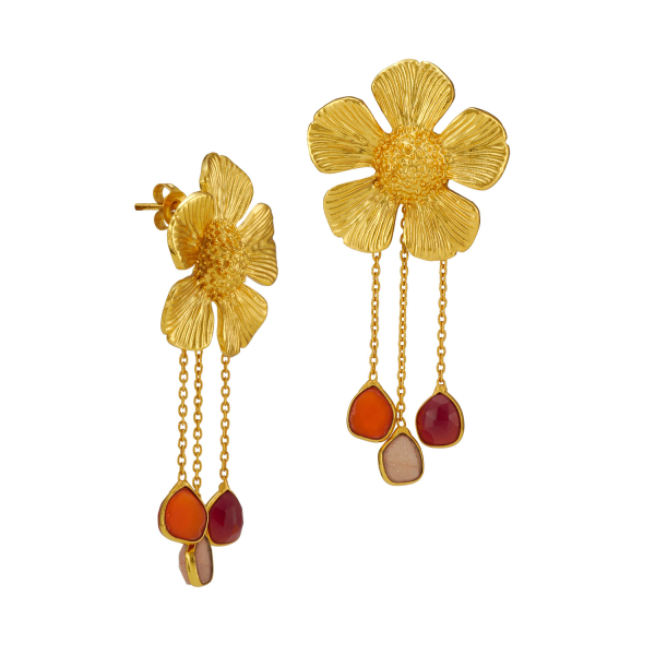 Earring made from brass, goldplated, orange/red/peach Onyx
