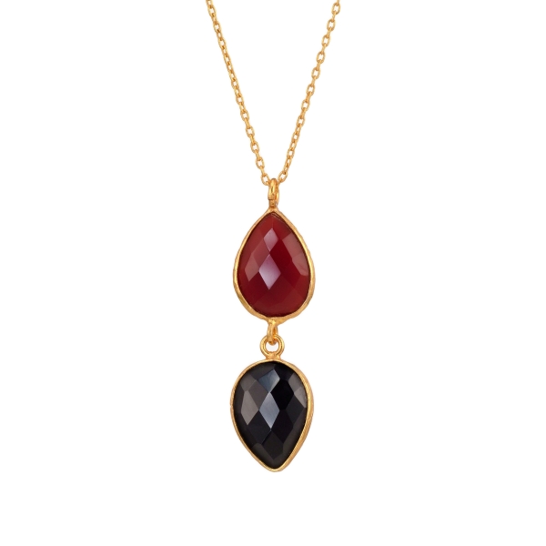 Necklace made from brass, goldplated, red/black stones