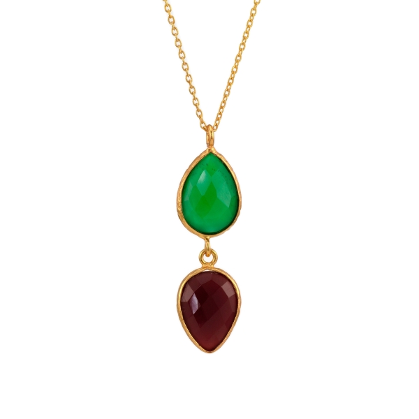 Necklace made from brass, goldplated. green/red stones