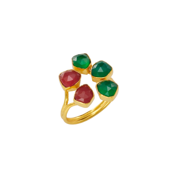 Ring made from brass, goldplated, orange/green onyx