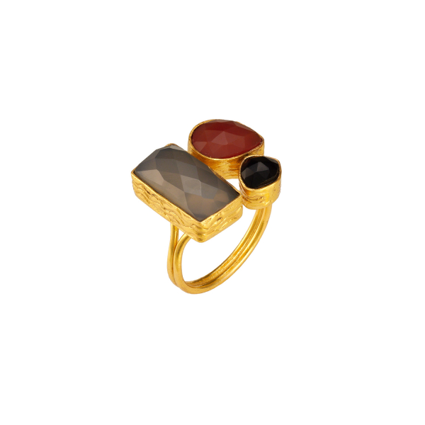 Ring aus Messing, vergoldet, orangerote/rauchfarbene/schwarze Onyxsteine