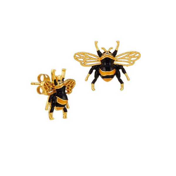 Earrings, made from brass, bee, goldplated, enamel