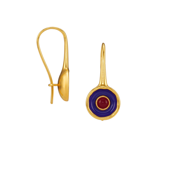 Earring made from brass, goldplated, enamel, red quarz