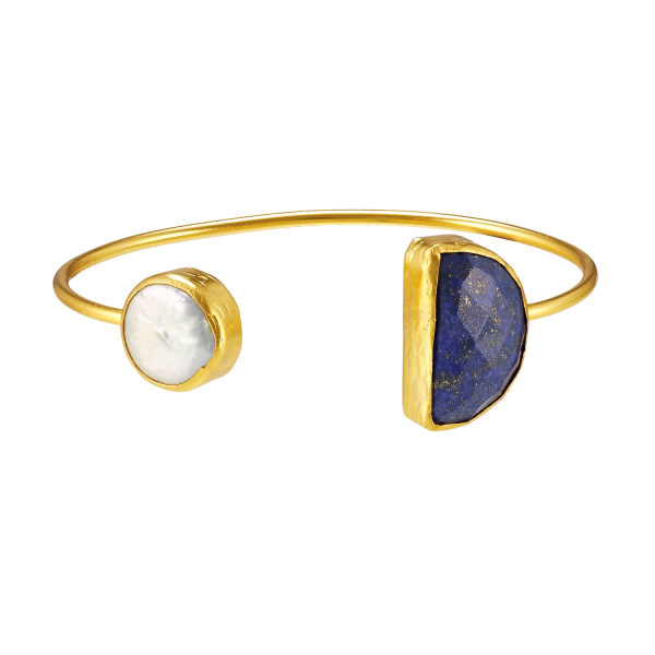 Bracelet made from brass, goldplated, baroque pearl and Lapislazuli