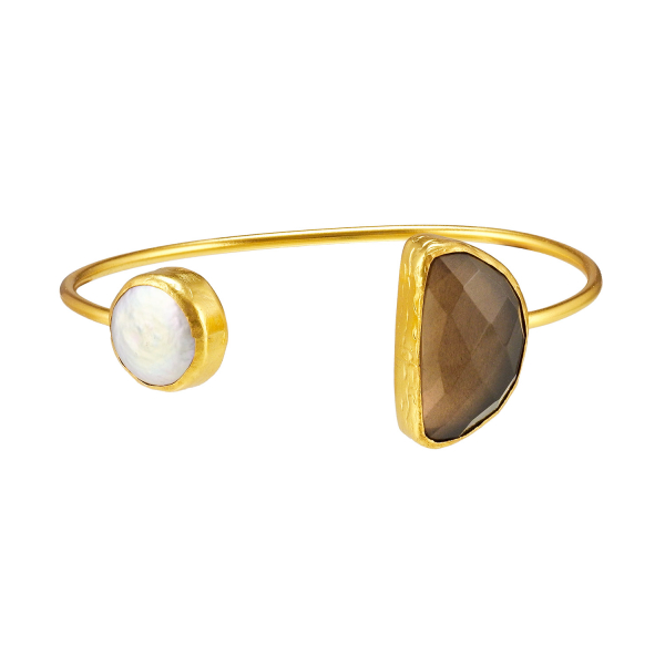 Bracelet made from brass, goldplated, smoky Quartz and baroque pearl