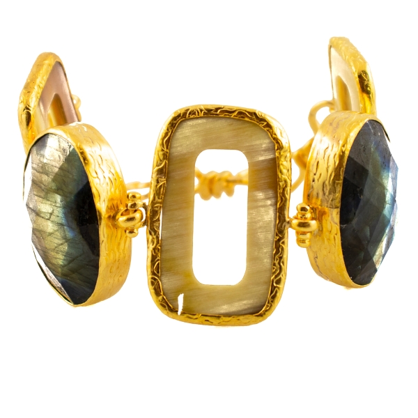 Bracelet made from horn, brass goldplated, labradorite