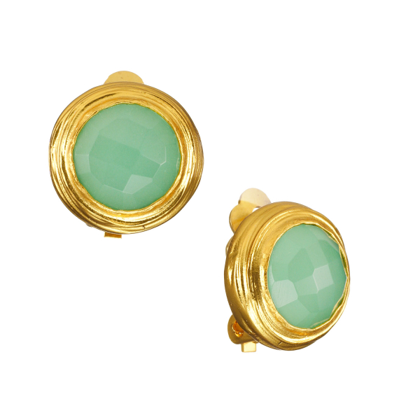 Ear clips made from brass, goldplated, aqua Chalcedony