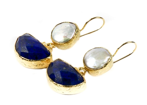Earring made from brass, goldplated, Lapislazuli, baroque pearl