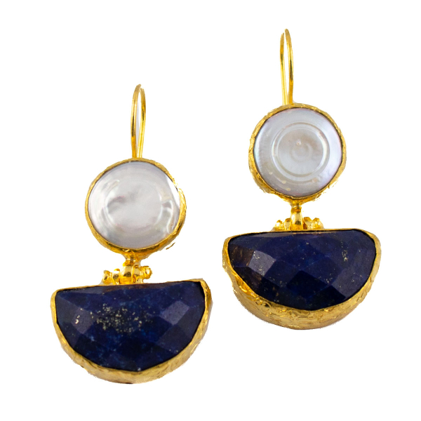 Earring made from brass, goldplated, lapislazuli + baroque pearl (clip)