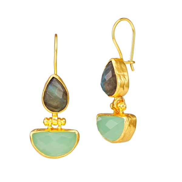 Earring made from brass, goldplated, aqua Chalcedony, Labradorite
